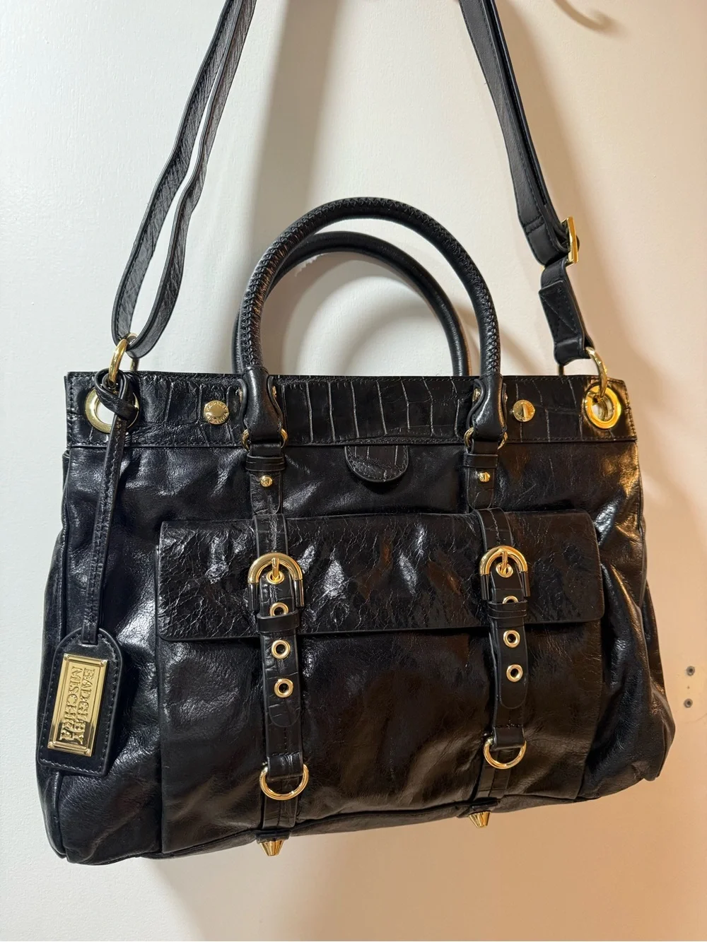 Black Leather Structured Satchel Handbag